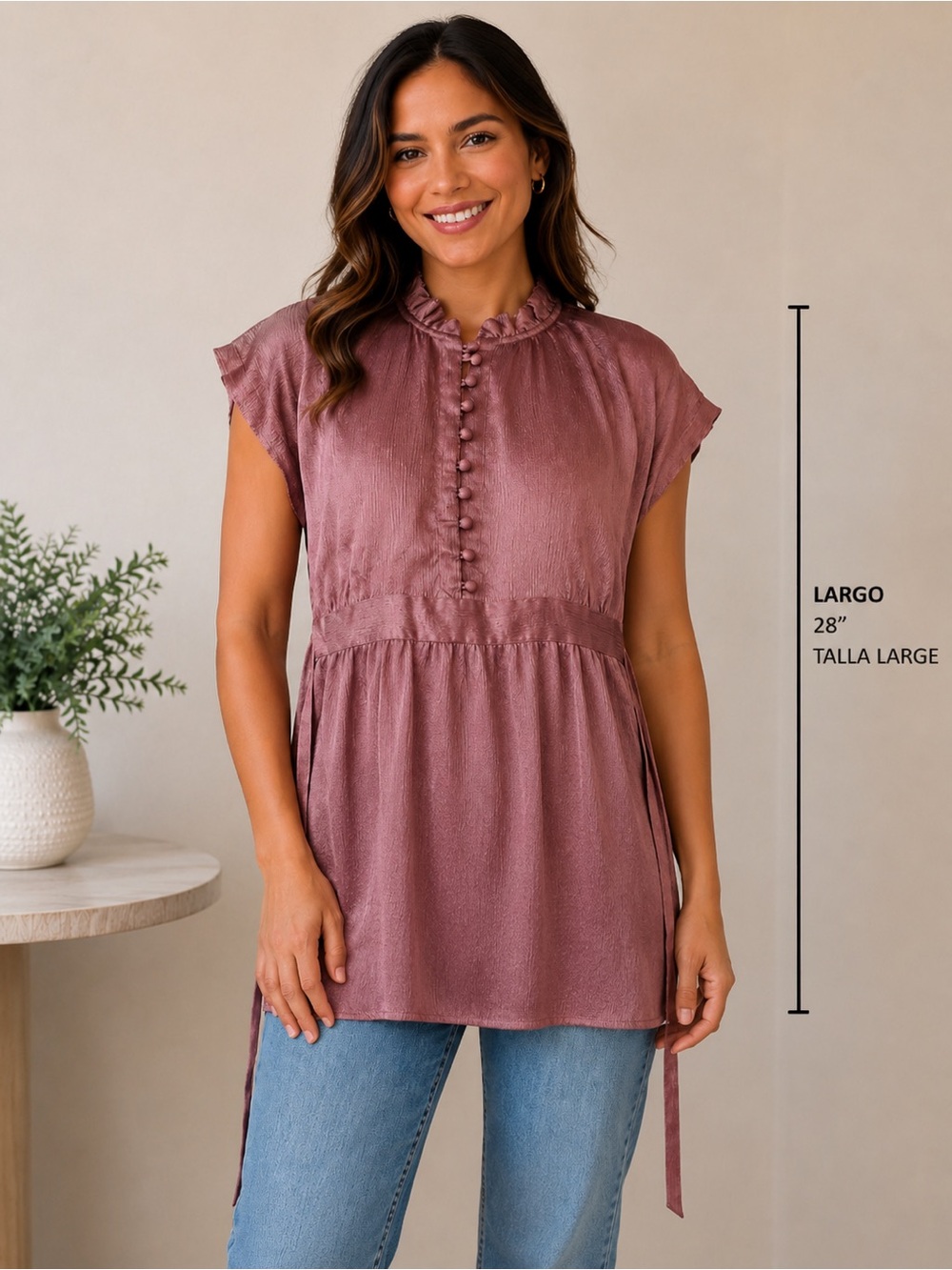 Mauve Satin Blouse with Ruched Neck and Buttons | Size XL